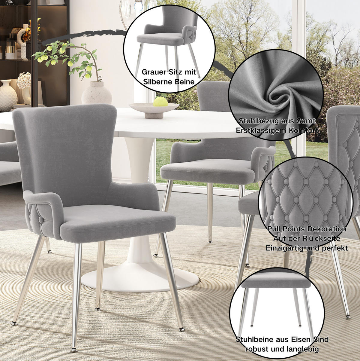 ESSZIMMERSTUHL Samt Grau mit Metallbeinen 2er-Set - Grau, Metall (47/85/49cm) - Meubliv
