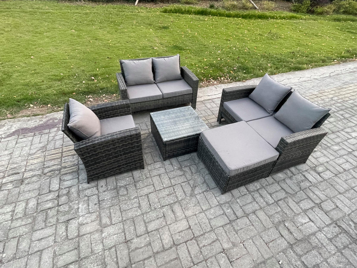 GARTENMÖBEL-SET COUCHTISCH SET MIT STUHL HOCKER Polyrattan Dunkelgrau Gemischt 6-Sitzer - Dunkelgrau, Metall - Fimous