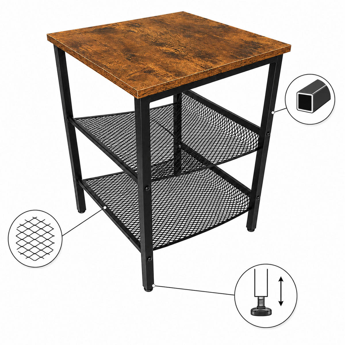 BEISTELLTISCH Metall MDF Schwarz Dunkelbraun mit 2 Metallgitterablagen 40x40x55 cm - Dunkelbraun/Schwarz, Holzwerkstoff/Metall (40/40/55cm) - Begryf