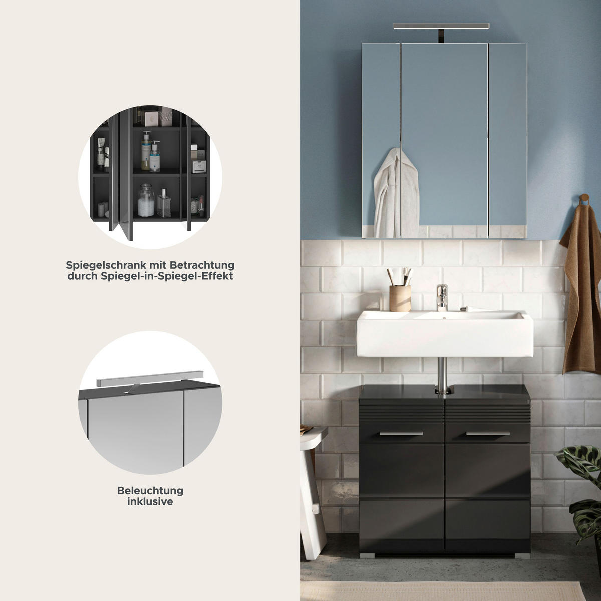 BADMÖBEL Set Linus 2tlg. Bad Kombination inkl. Beleuchtung (B/H/T: 60x182x34 cm) - Schwarz, Holz (60/182/34cm)