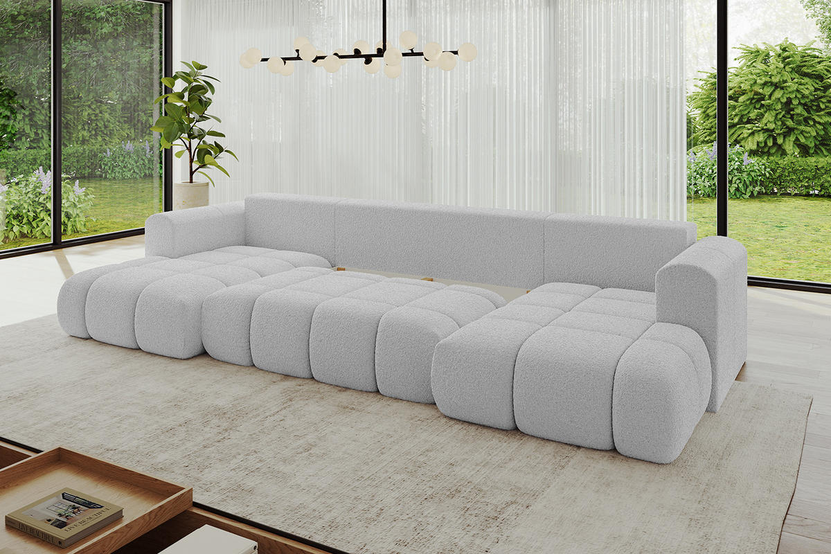 WOHNLANDSCHAFT Ottomane Links CLOUD-U-v1 414x180x40 Hellgrau Bouclé - Hellgrau, Holzwerkstoff/Kunststoff (414/90/180cm) - ALTDECOR