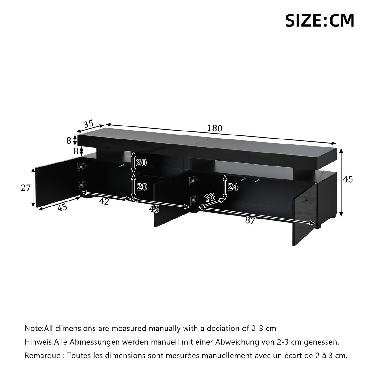 TV-LOWBOARD 180x35x45 cm Schwarz Hochglanz 3 Türen Glas Einlegeböden - Schwarz, Holzwerkstoff (35/45/180cm) - FLIEKS