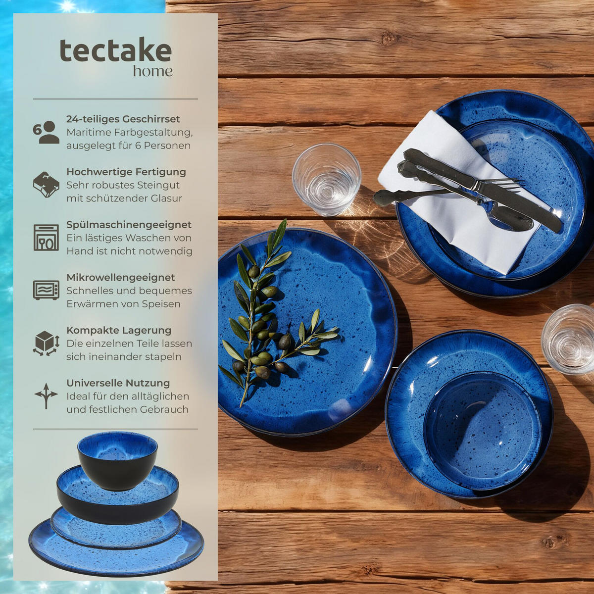TAFELSERVICE Mare, ineinander stapelbar, blau - Blau, Keramik (26.5/2.5/26.5cm) - tectake