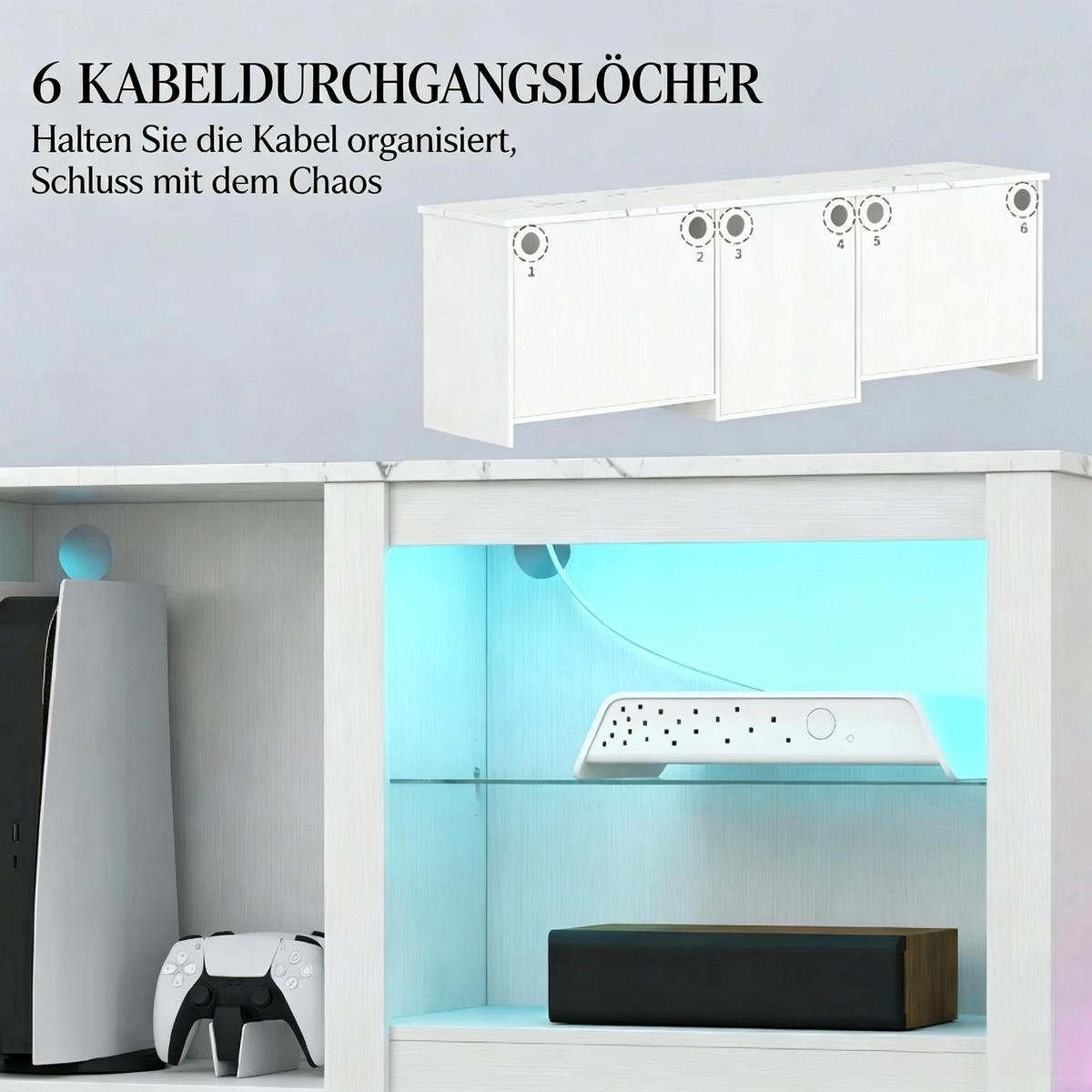 TV-SCHRANK 160/35/51.7 cm Weiß mit LED-Beleuchtung und verstellbaren Glasregalen - Weiß, Holzwerkstoff (160/51.7/35cm) - Oxeza