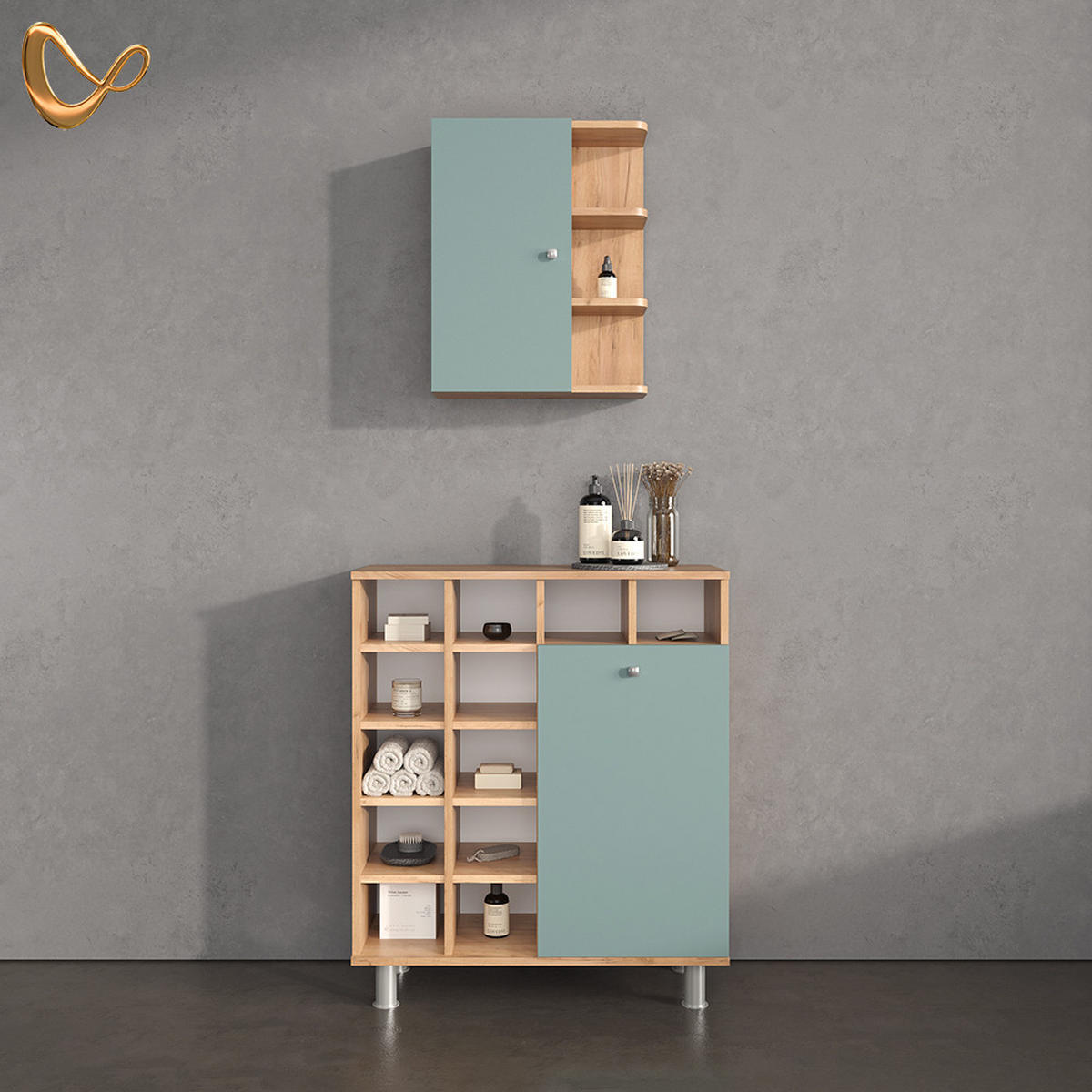 BADSCHRANK Fucino Grün 47.2 x 59.2 cm - Braun/Grün, Holzwerkstoff (47.2/59.2/20.8cm) - Livinity®