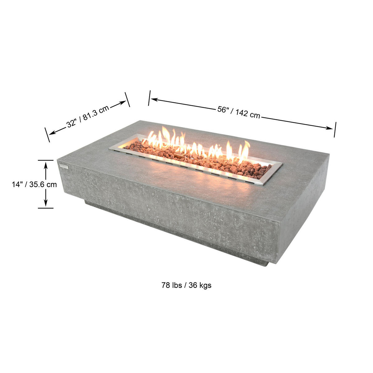 FEUERTISCH HAMPTON Gasfeuerstelle aus GF-Beton 142/81/35 cm - Hellgrau, Naturmaterialien (81/35/142cm) - Elementi
