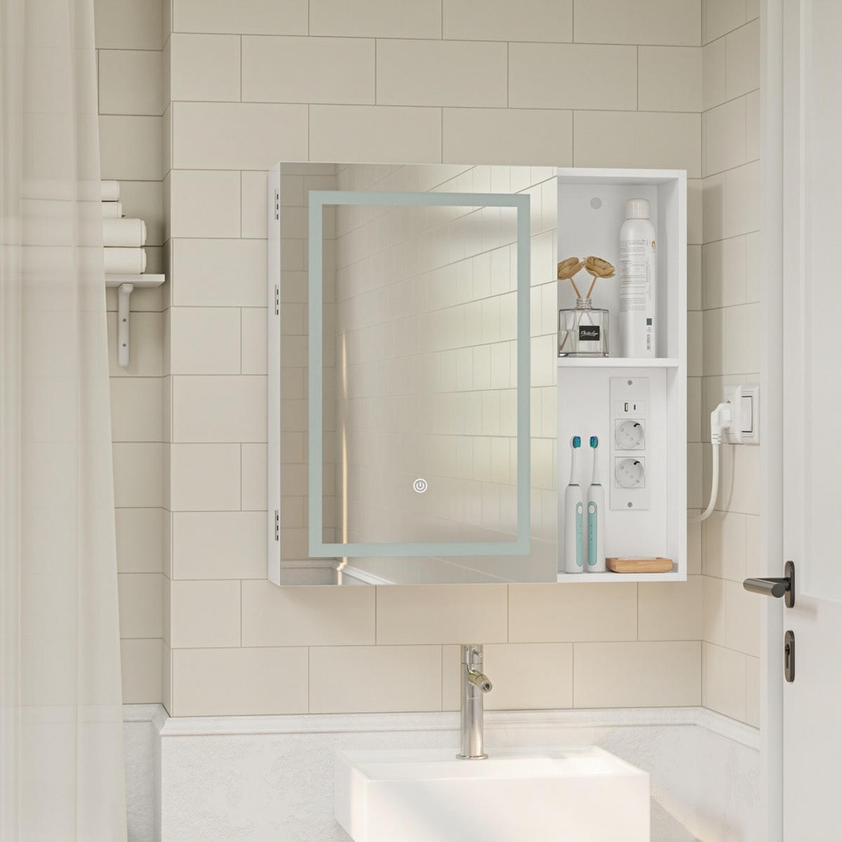 KOUPELNOVÁ zrcadlová skříňka s LED osvětlením a zásuvkami - barva javoru, kožešina (60/60/15.5cm) - SoBuy