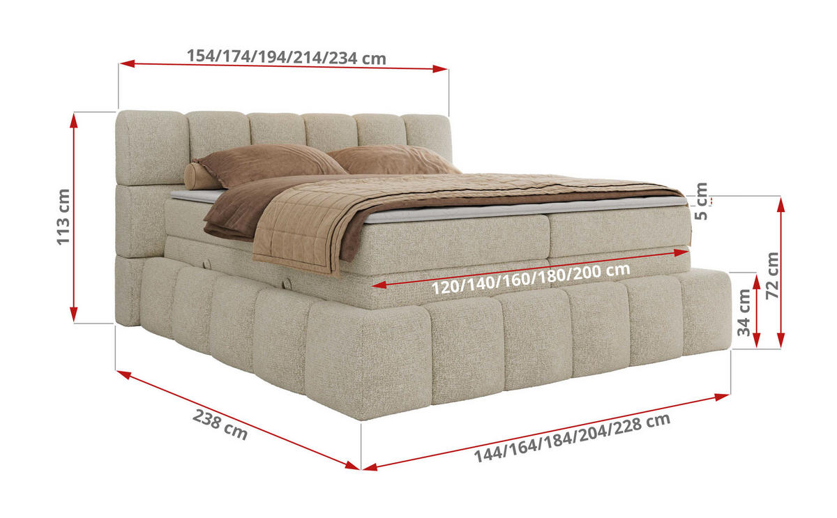 BOXSPRINGBETT NIRA KING 200/200 Creme Strukture - H4 - Creme, Holz/Textil (200/200cm) - MKS