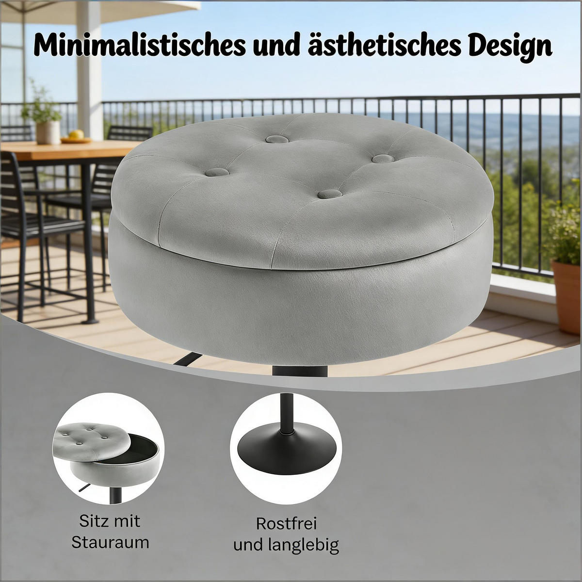 BARHOCKER 1er-Set Hellgrau mit Aufbewahrungsraum Samt & Höhenverstellbar - Hellgrau, Metall (39/79.5/39cm) - PANGIVO