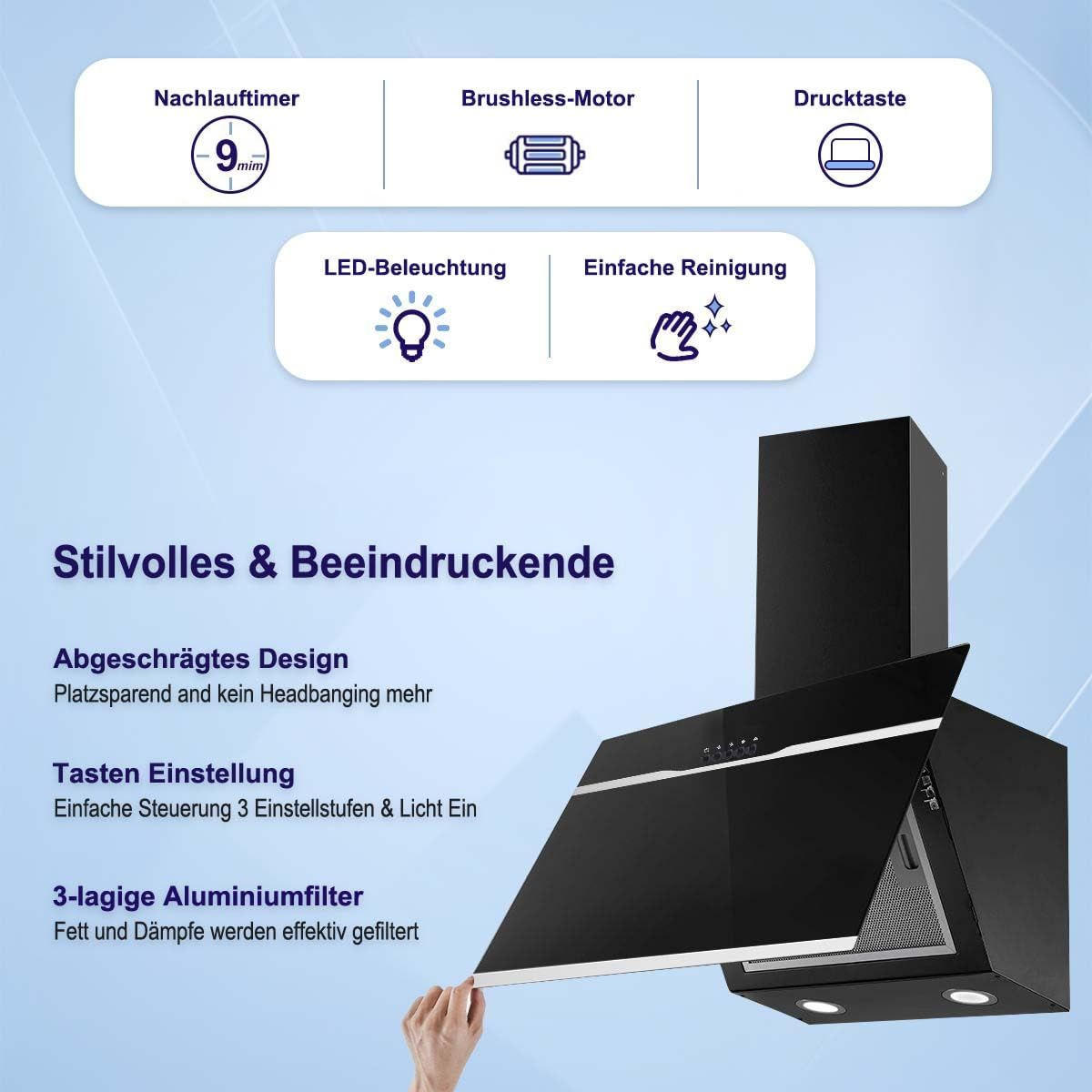 DUNSTABZUGSHAUBE Schwarz mit LED-Beleuchtung, Umluftfunktion, Abluftfunktion - Schwarz, Metall (36.01/43.51/61.51cm) - Korfee