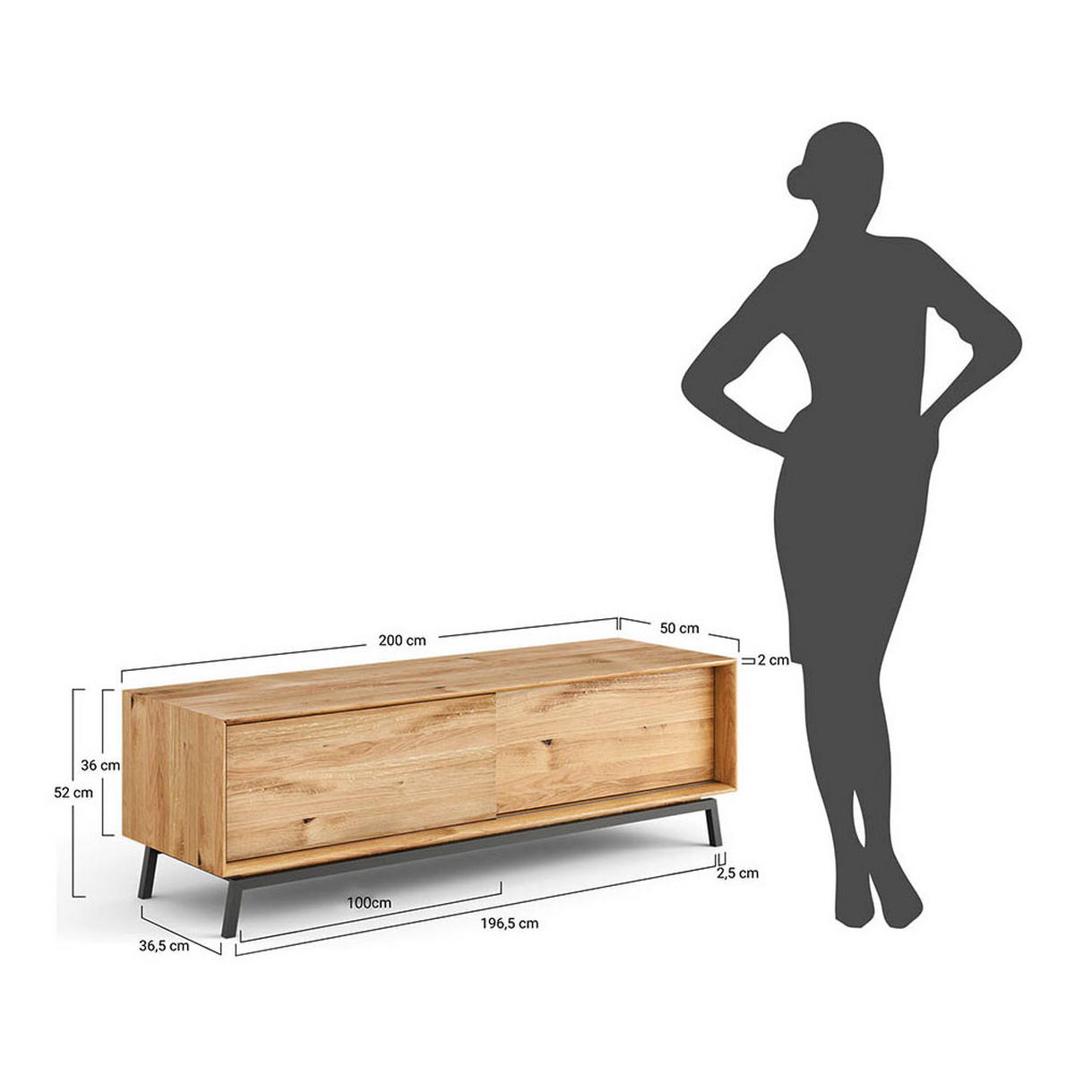 LOWBOARD Modern Loft Eiche Natur 200 / 50 / 52cm - Eichefarben/Schwarz, Holz (200/52/50cm) - Feldmann-Wohnen