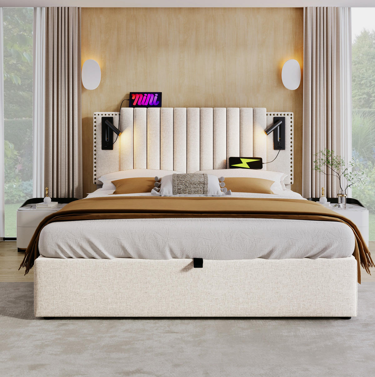 BETT mit Bettkasten 140x200 cm Baumwolle Beige - Beige, Metall (140/200cm) - Meubliv