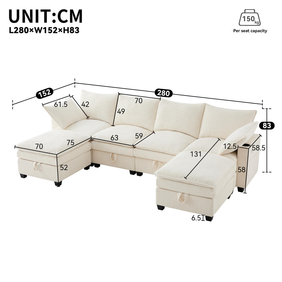 ECKSOFA Modulares 5-6-Sitzer mit Fußhocker und USB-Anschlüssen Cord Beige 280/151/82 cm - Beige, Textil (280/152cm) - OKWISH