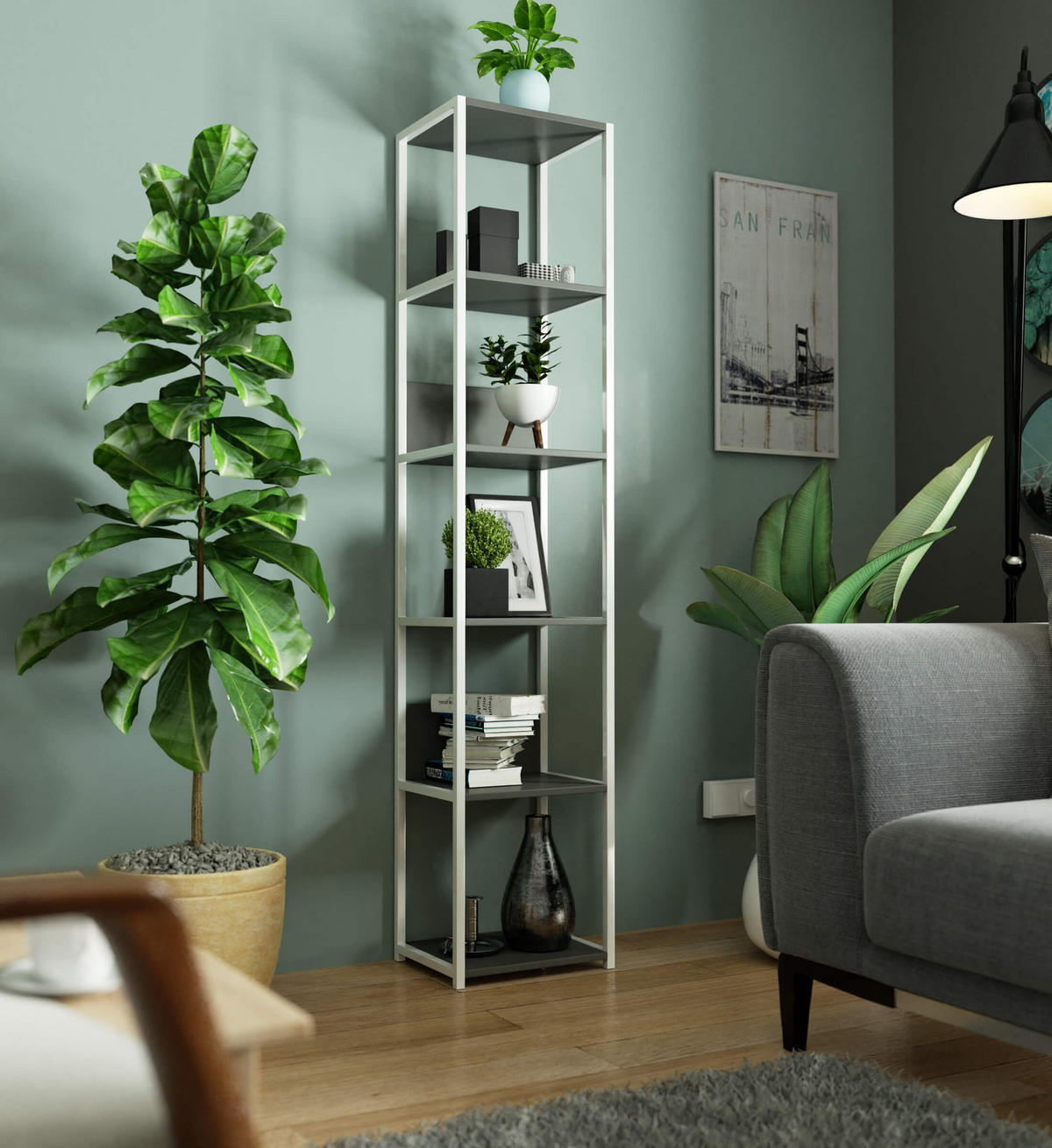 LOFT-REGAL Weiß, Grau 40x192x32 cm - Weiß/Grau, Holzwerkstoff/Metall (40/192/32cm) - Akord