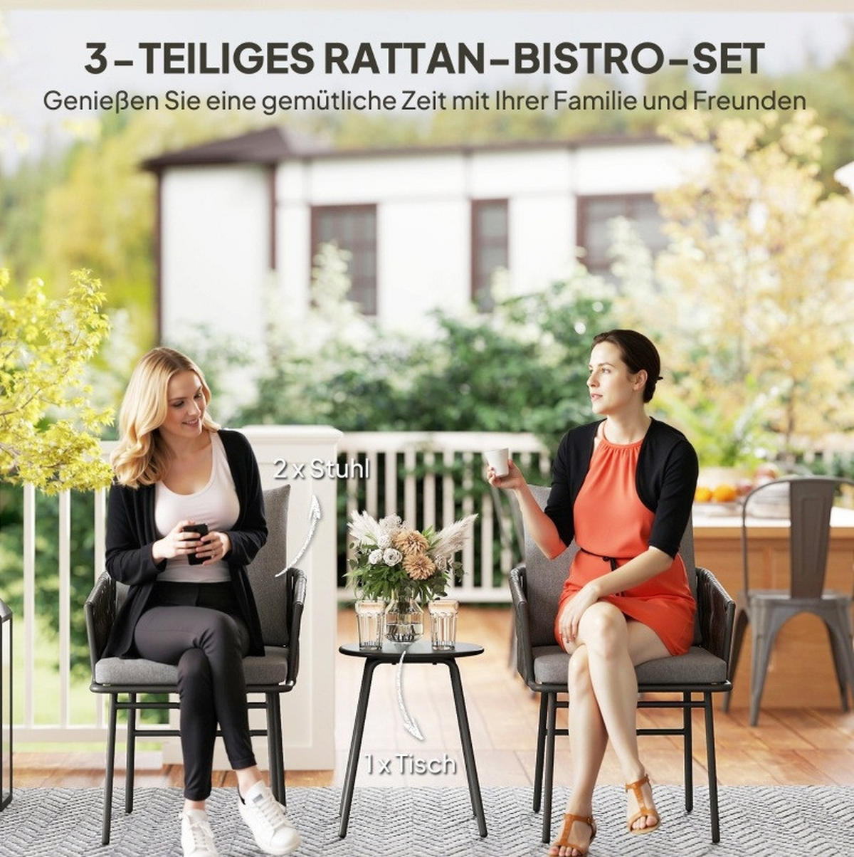 BISTRO set 58/63/69 cm šedý z oceli s polštáři a stolkem - šedá, kov - OKWISH