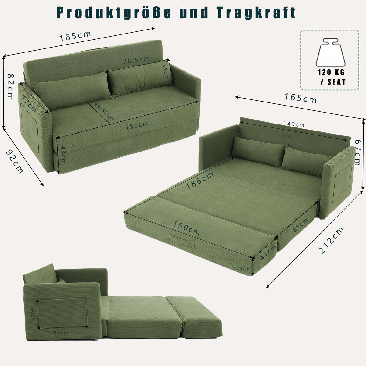 SCHLAFSOFA 2-Sitzer Sofa mit Schlaffunktion,klappbar,Grün - Grün, Textil (165/82/92cm) - LVHOM