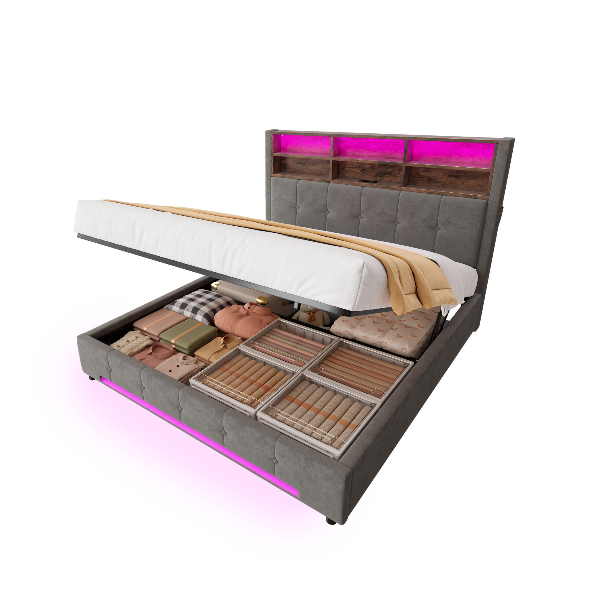 POLSTERBETT 160/200 cm in Dunkelgrau mit Stauraum, USB-C und LED aus Samt und Metall - Dunkelgrau, Holzwerkstoff/Textil - STILVORA