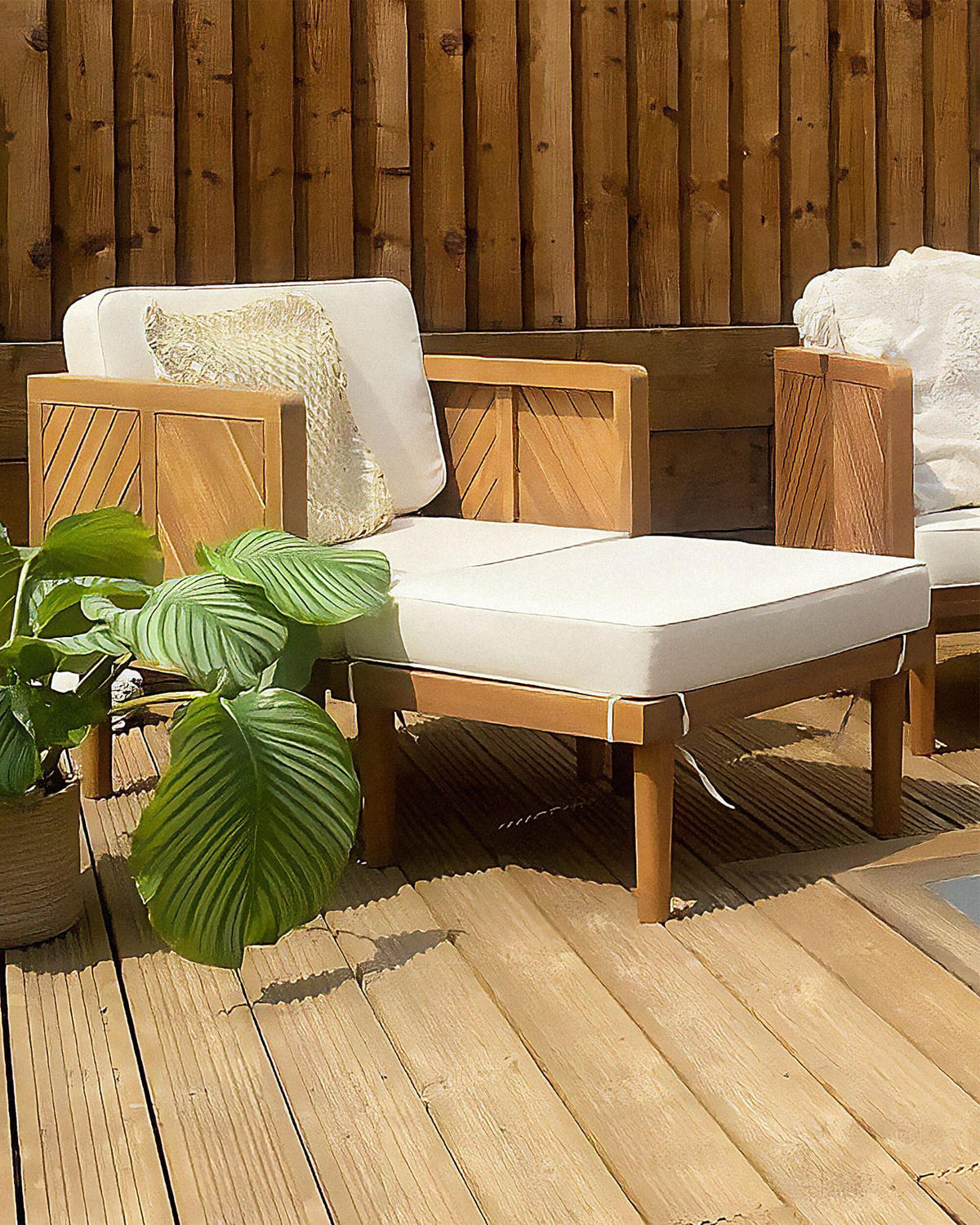 GARTENSESSEL Akazienholz hellbraun Auflagen creme mit Ottomane Baratti - Hellbraun/Beige, Holz (65/76/65cm) - Beliani