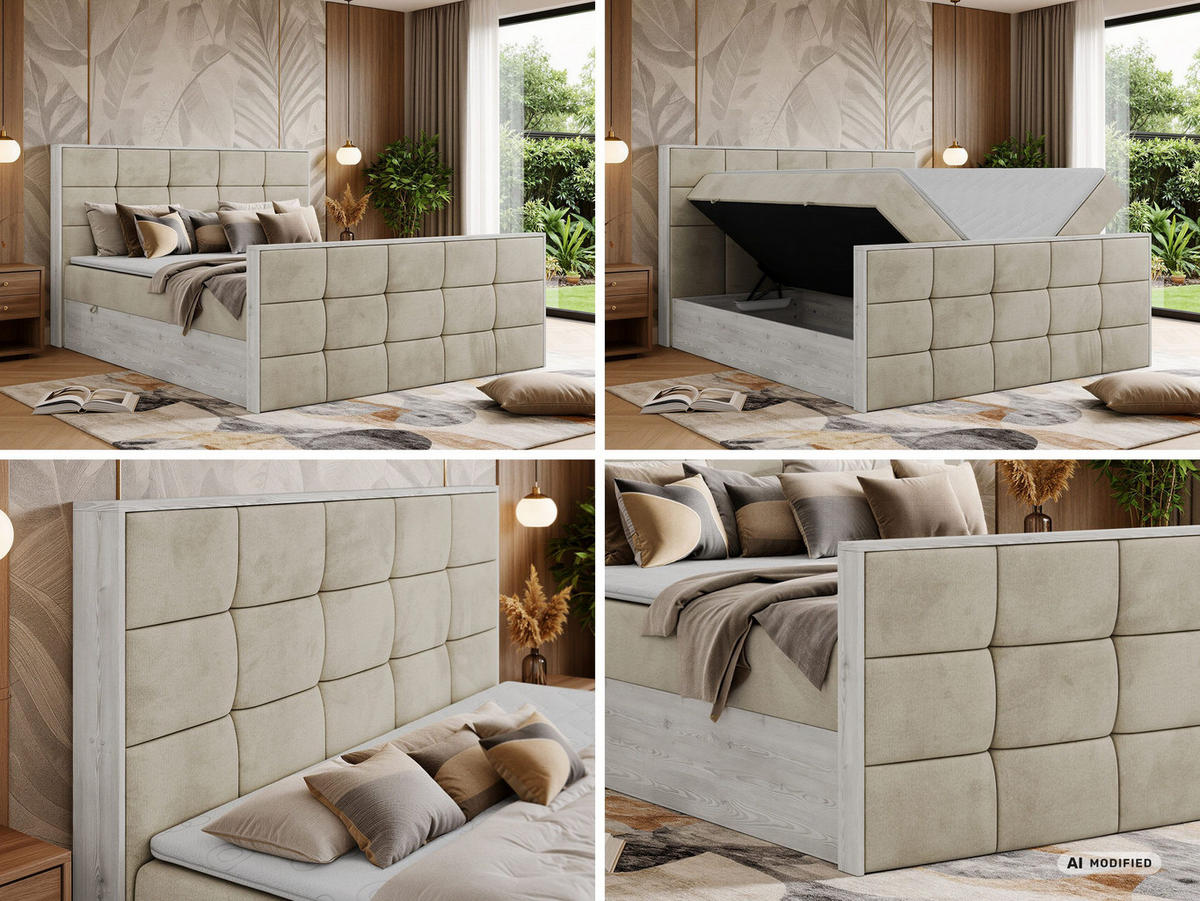 BOXBETT ALNOR DUO 140/200 - Beige Velvet - Topper Visco - H3 - Beige/Schwarz, Kunststoff/Textil (140/200cm) - MKS