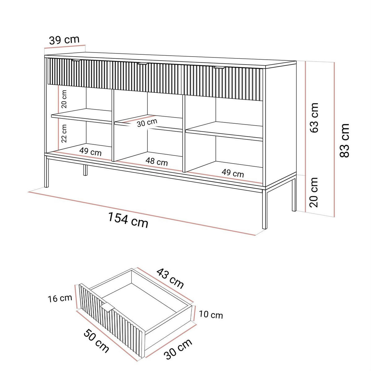 SIDEBOARDS CORTADO GOLD KSZ154 MIT SCHUBLADEN 154 CM WEISS - Weiß, Holzwerkstoff (154/83/39cm) - Lookway