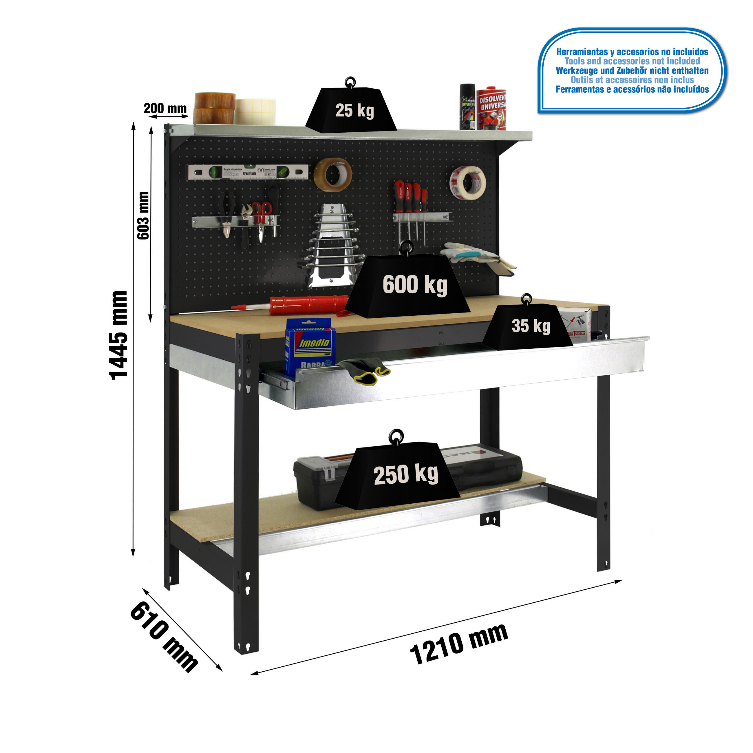 WERKBANK BUFFALO mit Werkzeugwand, Schubfach und Ablage | HxBxT 84x120x61cm | Traglast 600kg | Anthrazit - Anthrazit, Metall (120/84/61cm) - PROREGAL