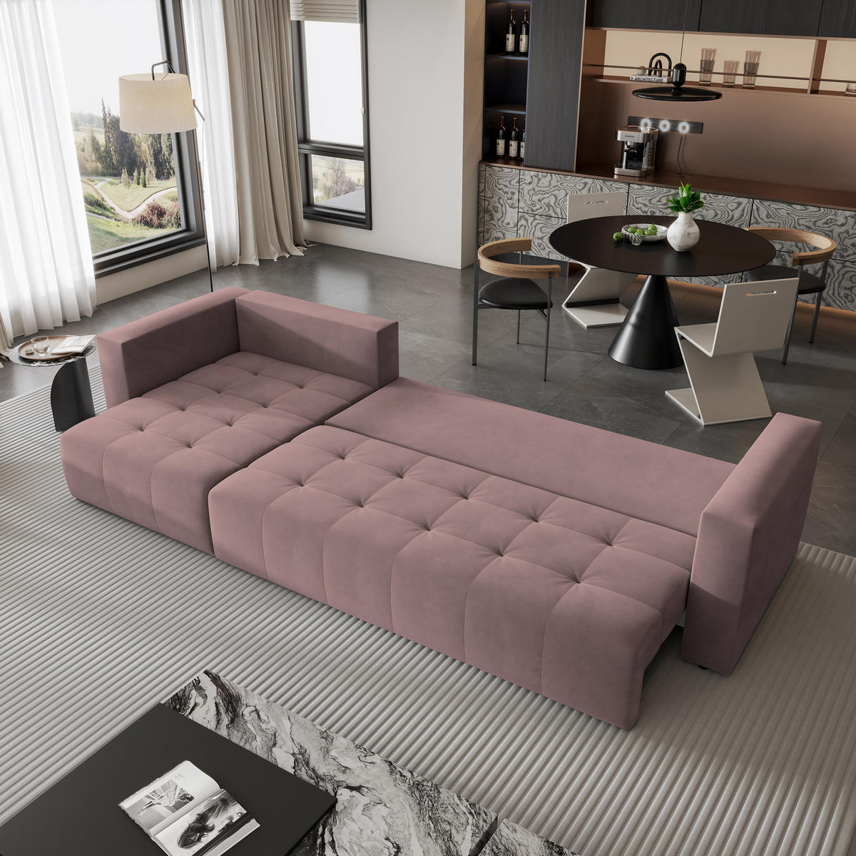 ECKSOFA OLVERA Rosa Plüsch-Stoff mit Schlaffunktion - Rosa, Holz (347/148cm) - MASSENO