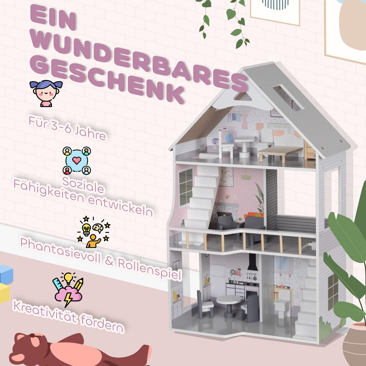 PUPPENHAUS - Grau, Holzwerkstoff (29.1/85.3/53.5cm) - AIYAPLAY