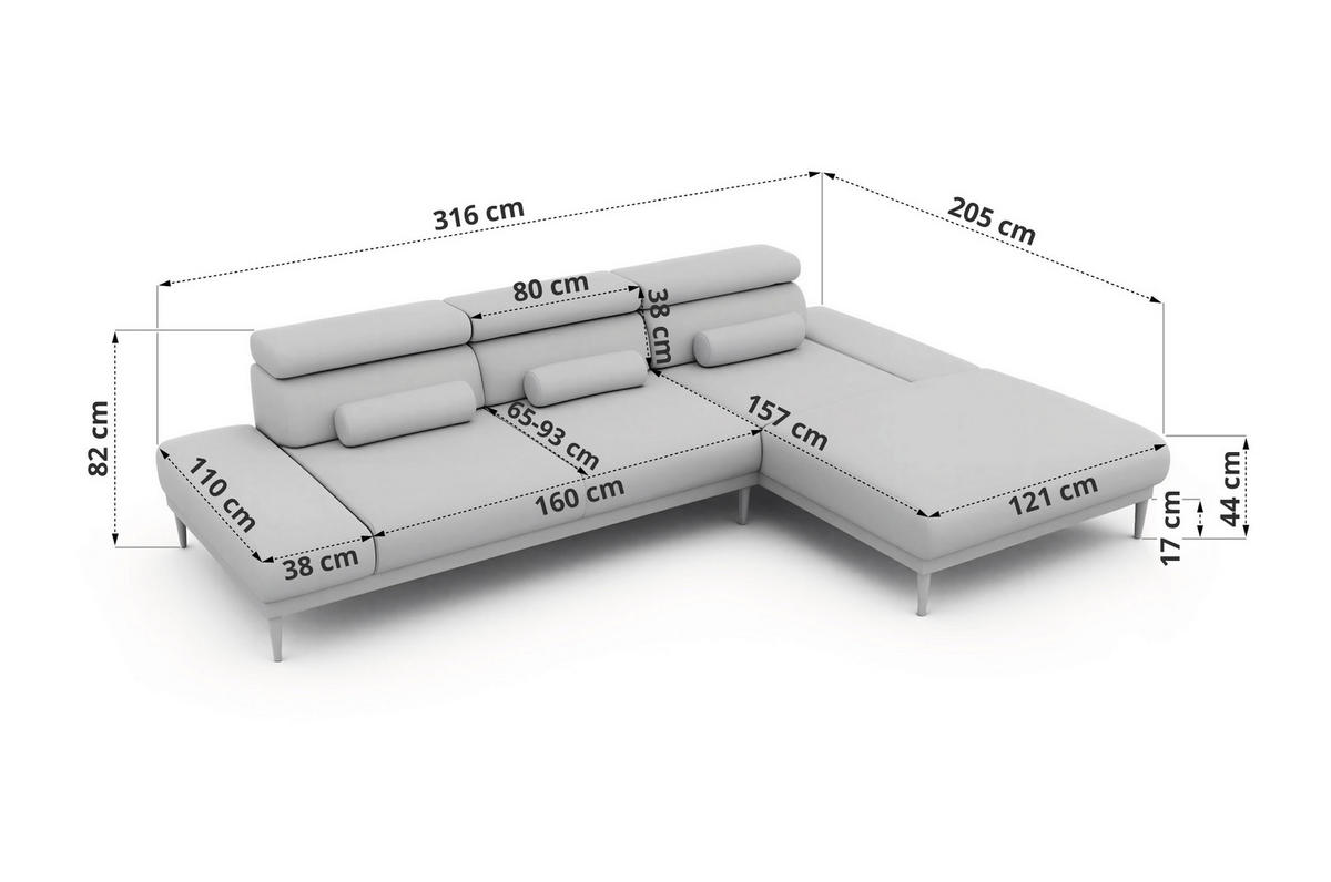ROHOVÁ SEDAČKA PAVERO L - Tmavosivá Samet - Vpravo - čierna/tmavosivá, kov/textil (316/205cm) - MKS