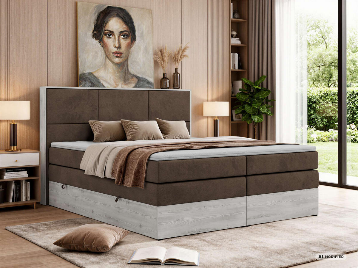 POSTEL BOXSPRING DELNOR KING 200/200 - Hnědá Samet - Topper Visco - H4 - černá/hnědá, textil/plast (200/200cm) - MKS
