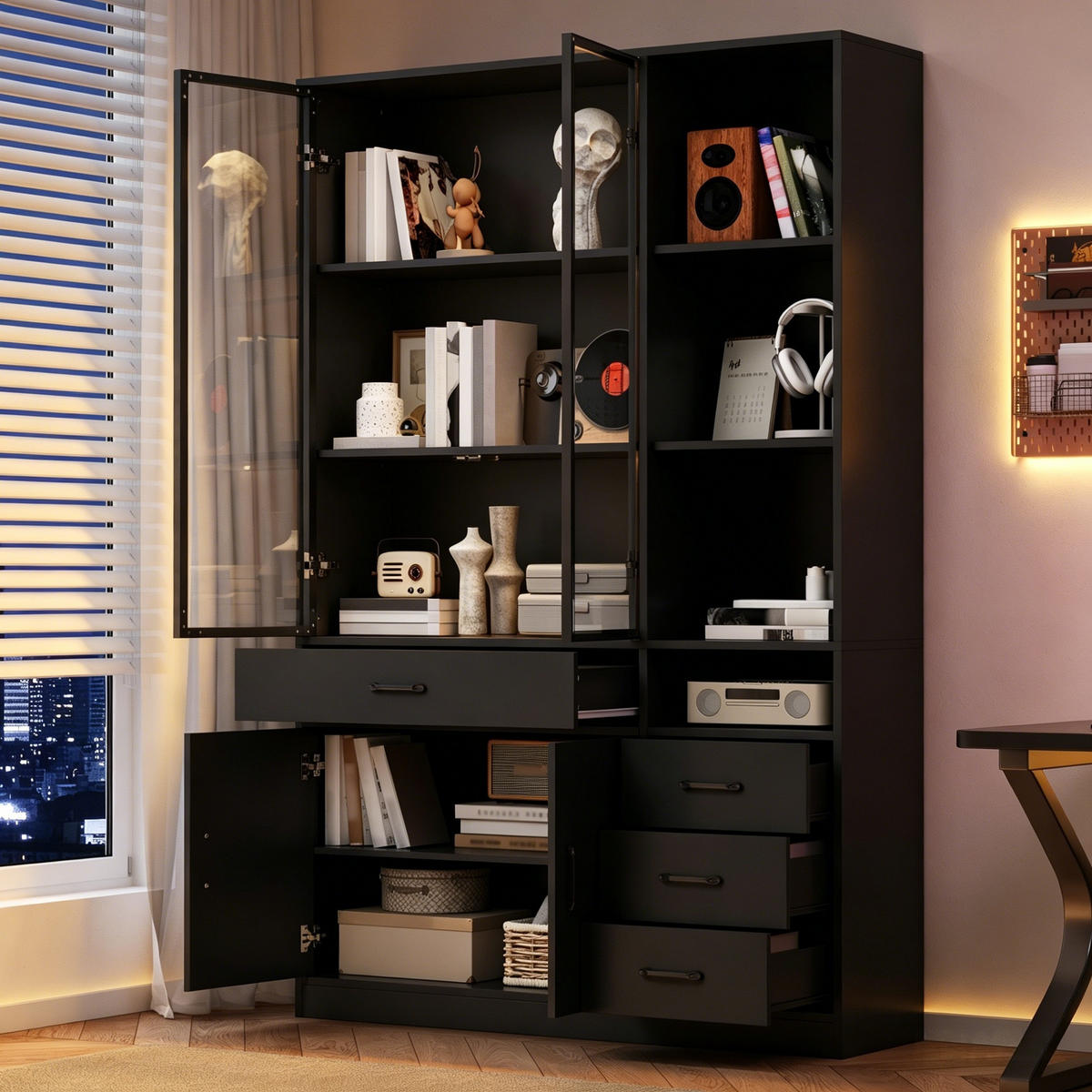 VITRINE in Schwarz Hochschrank mit Glasvitrine, Schubladen und LED, 120/35/200cm, für Esszimmer und Wohnzimmer - Transparent/Schwarz, Glas/Holzwerkstoff (120/200/35cm) - STILVORA