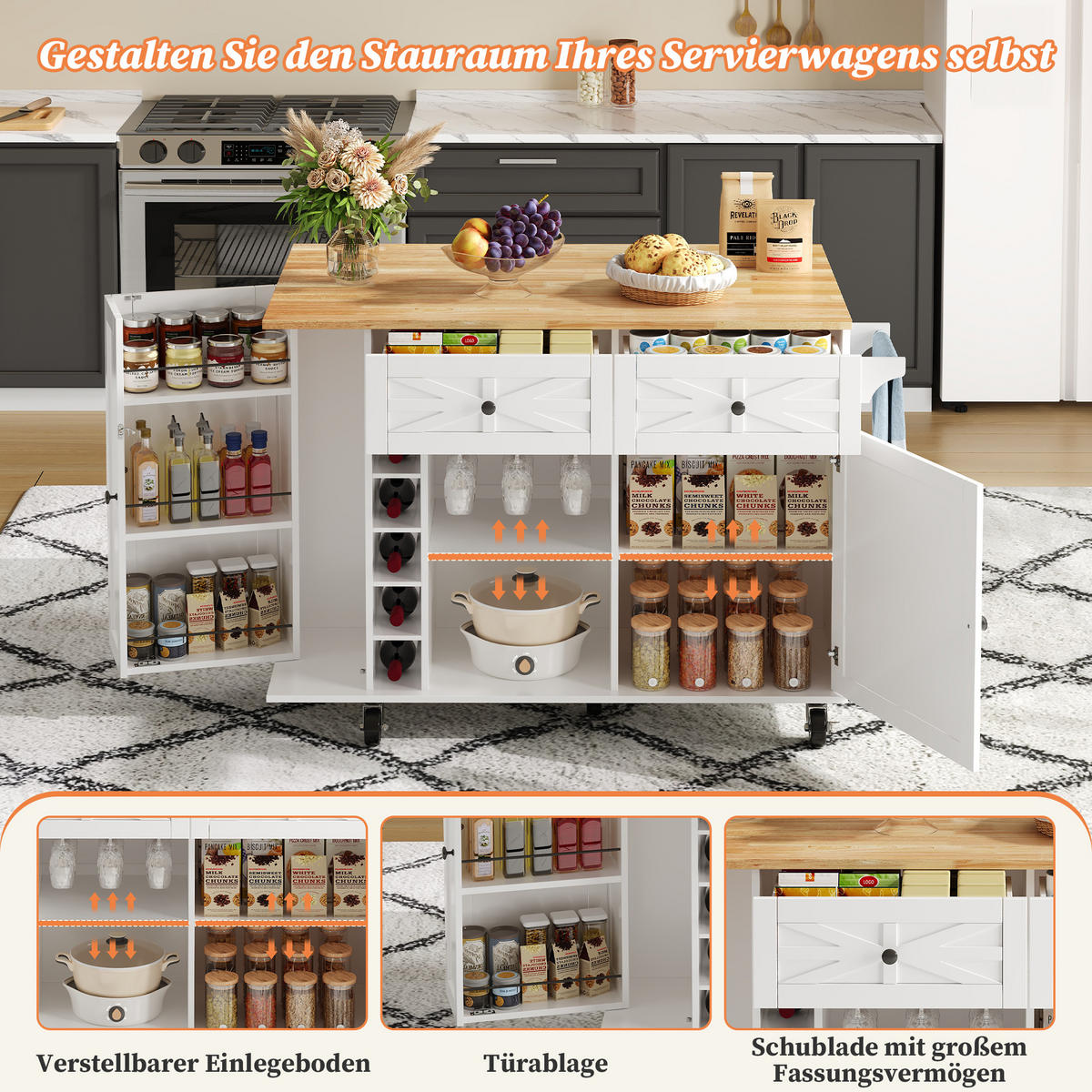 KÜCHENINSEL 120x70x89cm Weiß mit Klappplatte,Schubladen,Weinregal & Rollen - Weiß, Holzwerkstoff (120/89/70cm) - Modfu