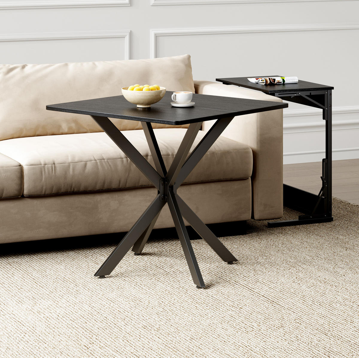 BEISTELLTISCH 80/80/75 cm mit X-Gestell und höhenverstellbaren Füßen, Schwarz - Schwarz, Holzwerkstoff (80/80/75cm) - Redom