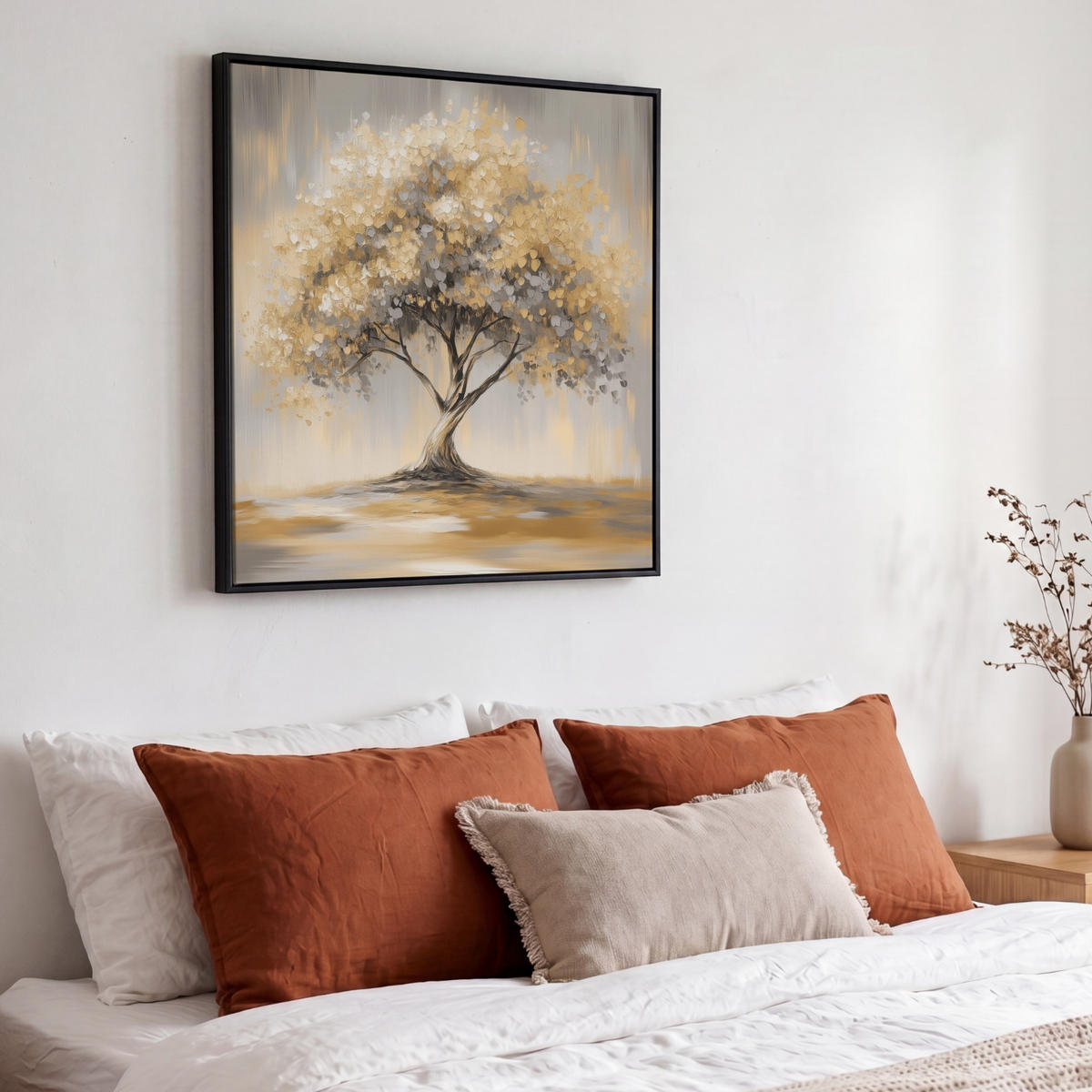 LEINWAND Bilder mit Rahmen - Gemälde - Baum - Abstrakt - Blätter - 50x50 - Beige, Textil (50/50cm) - MuchoWow