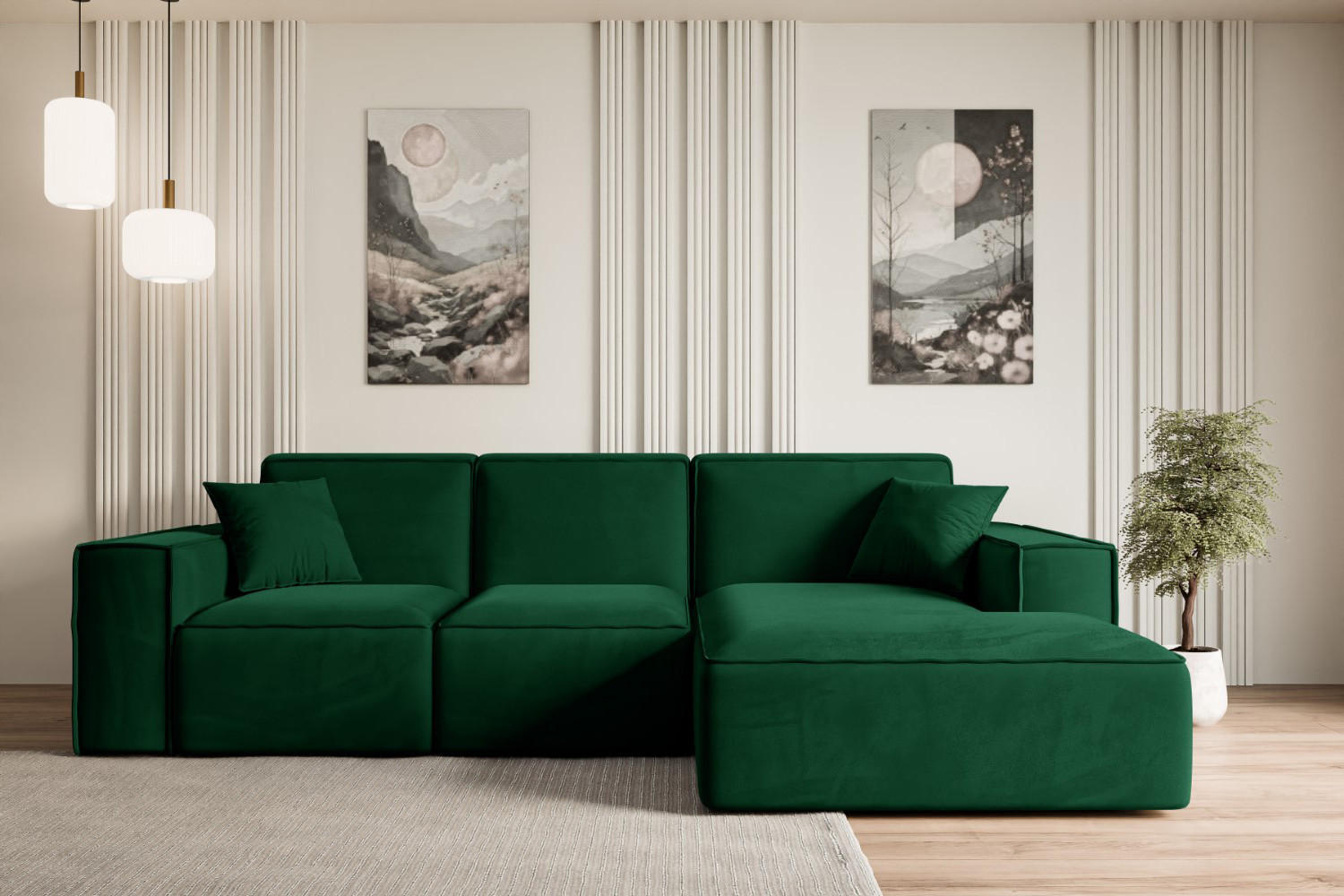 ECKSOFA Ottomane Rechts SERRA-L - 266x165x73 cm Grün Velours - Schwarz/Grün, Holzwerkstoff/Kunststoff (266/165cm) - ALTDECOR