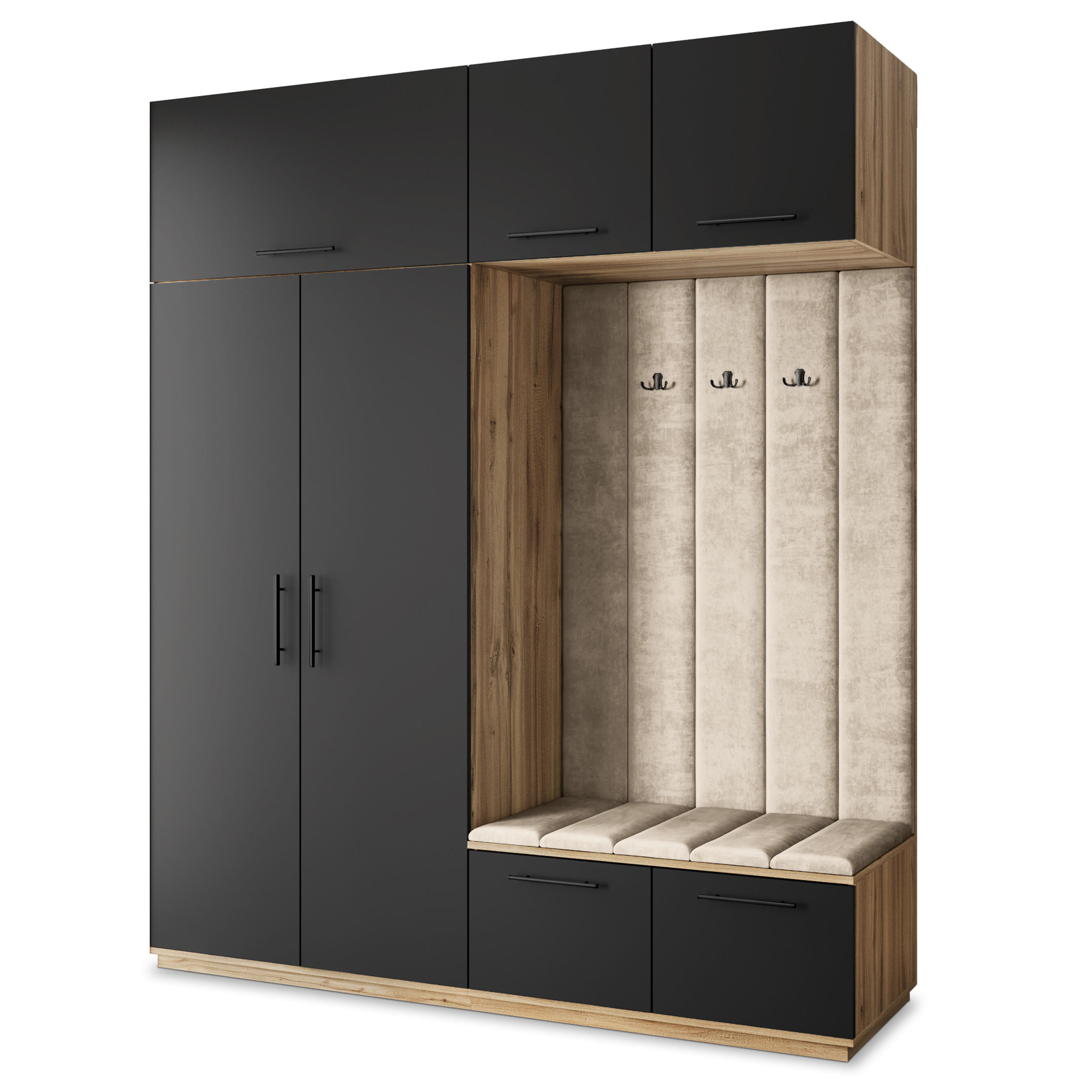 Masseno Garderobenschrank Eiche Wotan, Schwarz, Beige 200x240x60 cm