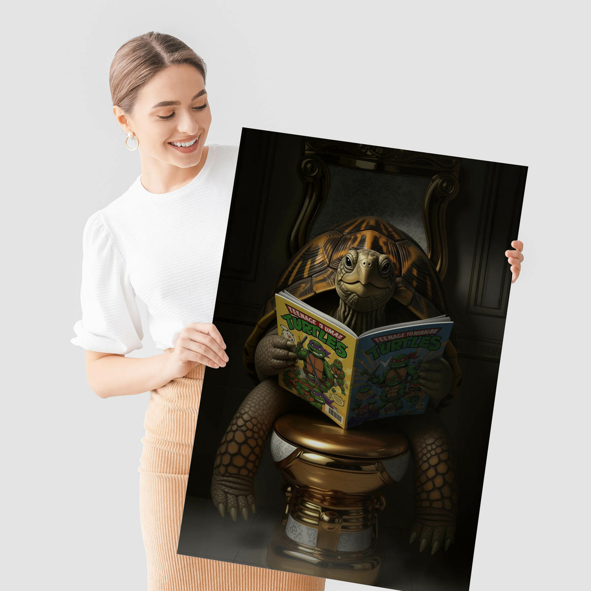 POSTER für Badezimmer WC SCHILDKRÖTE mit Comicbuch auf Toilette Abstraktion 50x70cm - Gelb/Orange, Papier (50/70/70cm) - Muralo