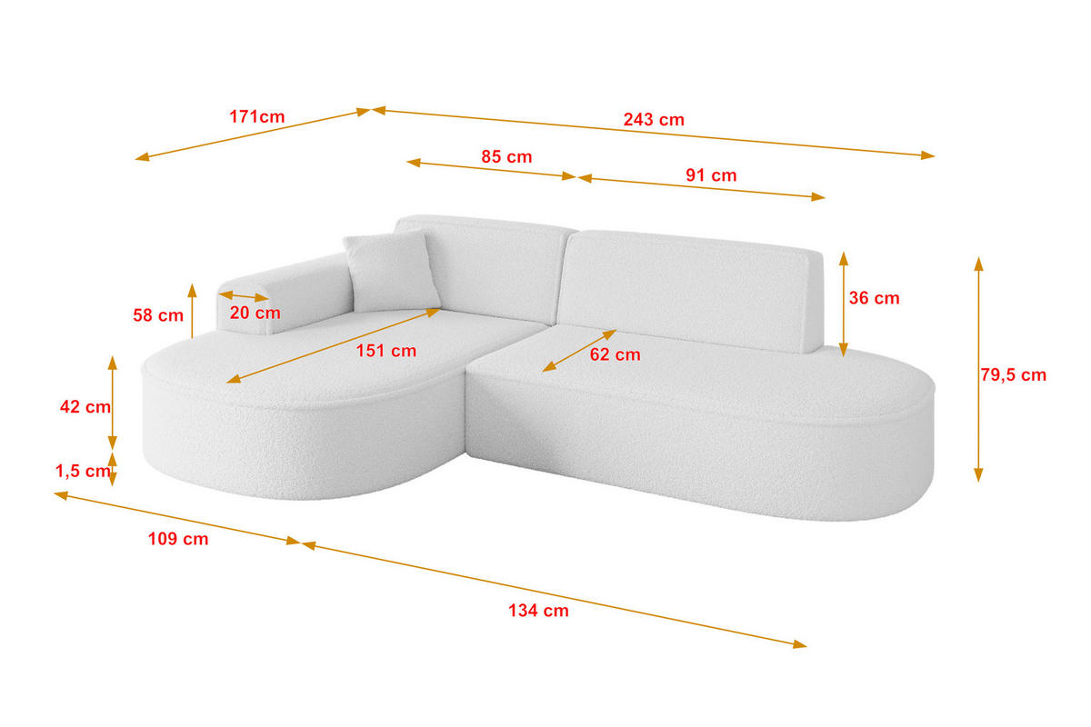 ECKSOFA Ottomane Links MARI-L1 - 243x171x79 cm Weiß Bouclé - Schwarz/Weiß, Holzwerkstoff/Kunststoff (163/234cm) - ALTDECOR