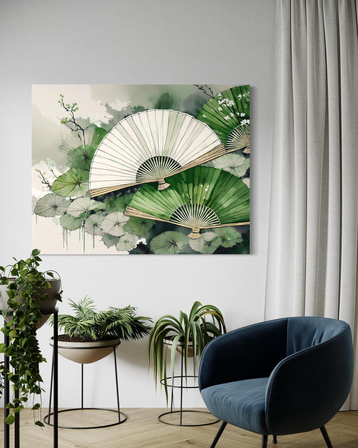 WANDBILD grüner japanischer fächer - Grün, Textil (60/40cm) - Feeby