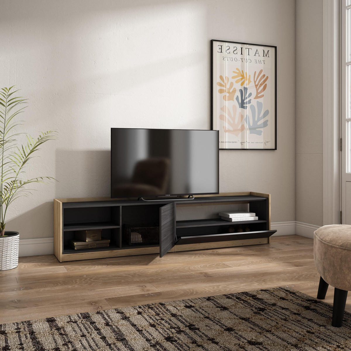 TV-SCHRANK, Lowboard, Schwarz Eiche, 207/37/50cm - Schwarz, Holzwerkstoff (207/50/37cm) - Skraut Home