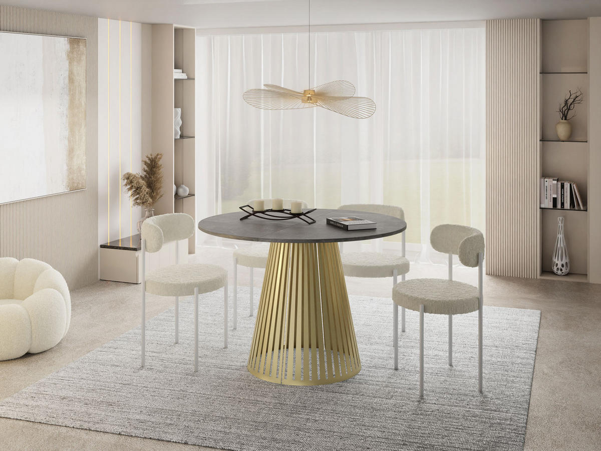 ESSTISCH Naro rund ausziehbar mit Goldenem Lamellen-Metallgestell, Grauer Beton 120-200/120/76 cm - Goldfarben/Hellgrau, Holzwerkstoff/Metall (120/120/76cm) - WFL GROUP