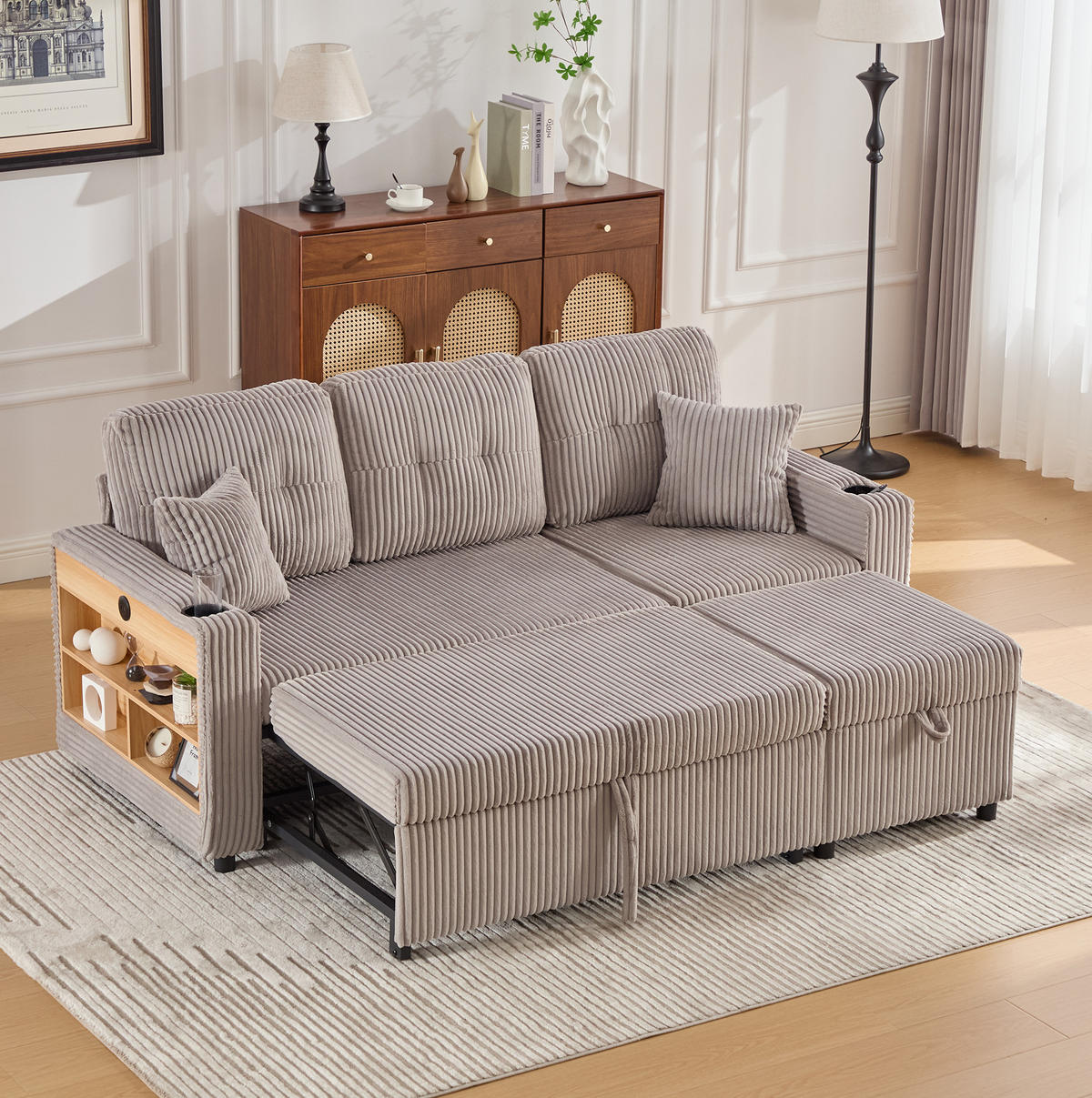 SCHLAFSOFA 196/82-144/85 cm aus Cord mit Stauraum, USB-C und LED-Beleuchtung Hellgrau - Hellgrau, Textil (82/85/196cm) - Modenvie