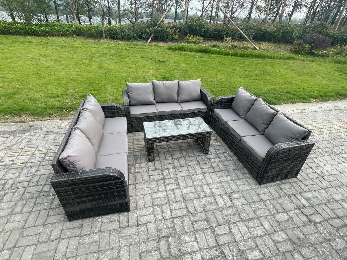 GARTENSOFA SET mit rechteckigem COUCHTISCH Polyrattan 9-Sitzer Dunkelgrau - Dunkelgrau/Grau, Glas/Kunststoff - Fimous