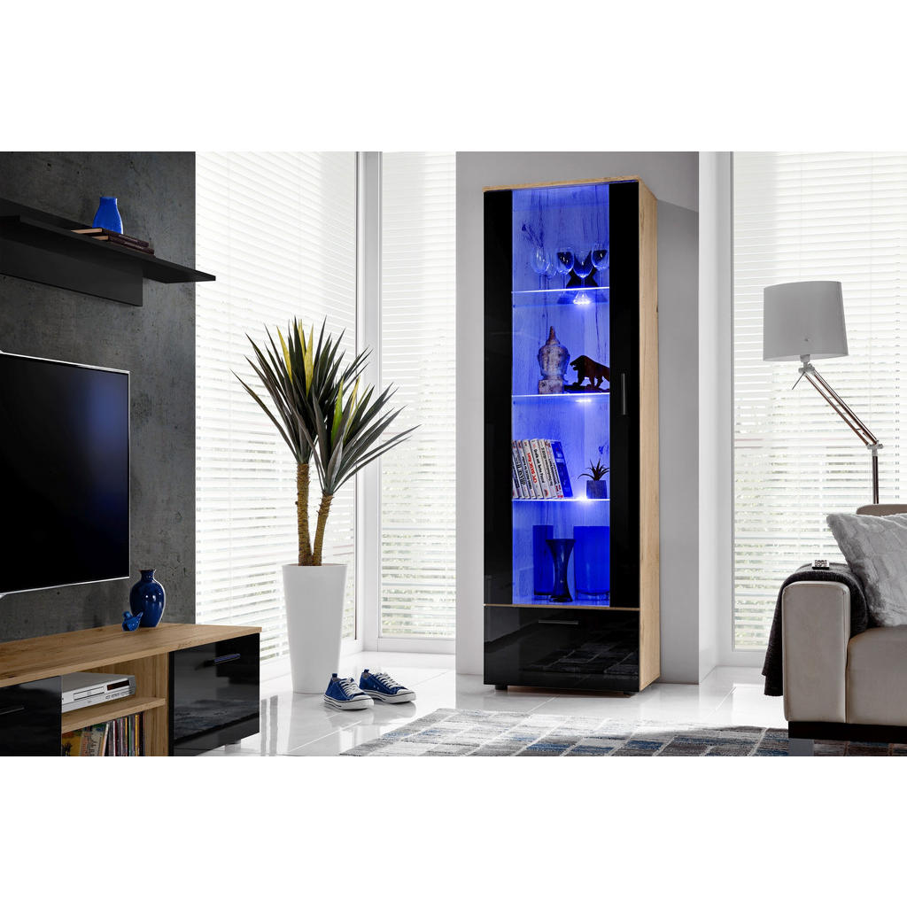 Thumbnail - Komodee Vitrine, Eiche Wotan, Schwarz, Glas, Holz Optik, 3 Fächer, Rechteckig, 60x192x42 cm, Wohnzimmer, Wohnwände, Vitr...