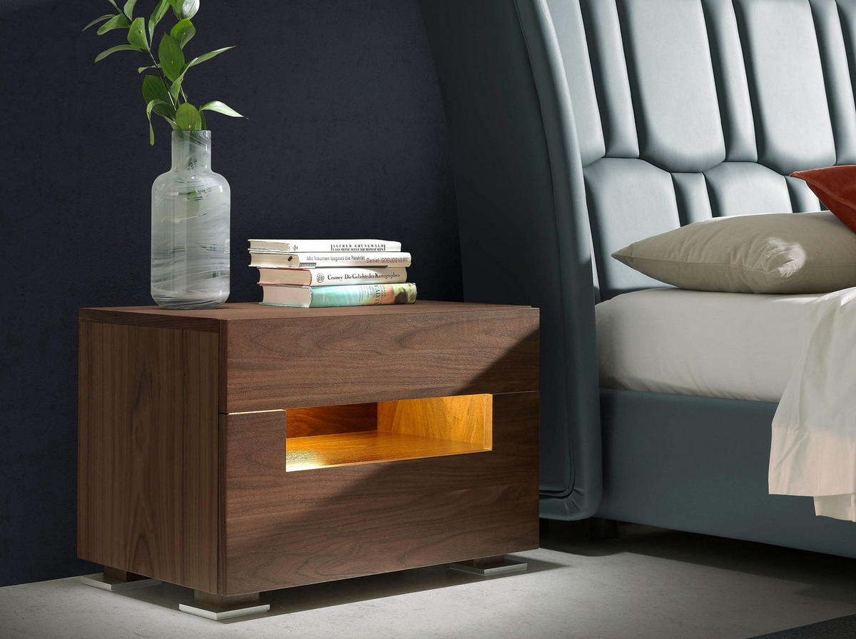NACHTTISCH Nussbaum und polierter Stahl mit Innenbeleuchtung - Edelstahlfarben/Silberfarben, Holzwerkstoff/Metall (58/41/38cm) - ANGEL CERDA