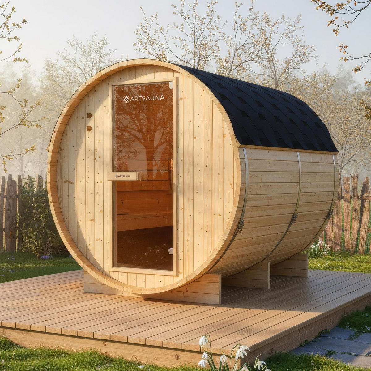 FASSSAUNA Spitzbergen 220 cm mit 8 kW Saunaofen (6 Personen) - Naturfarben, Holz (191/193/220cm) - Artsauna