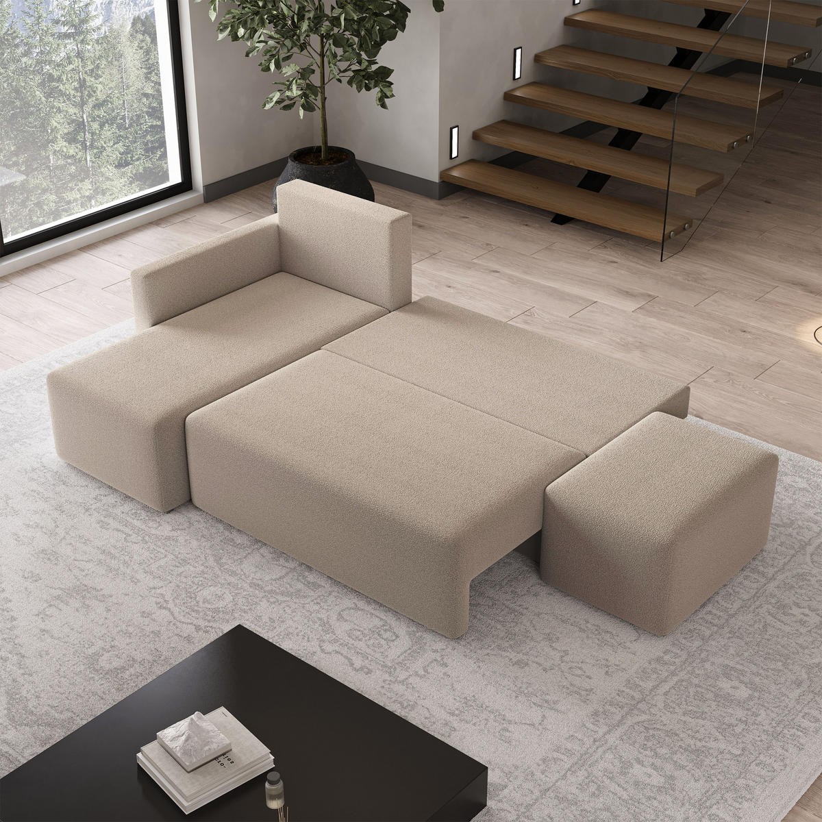ECKSOFA VELOTTI L-S Beige Boucle-Stoff mit Schlaffunktion - Beige, Holz (261/143cm) - MASSENO