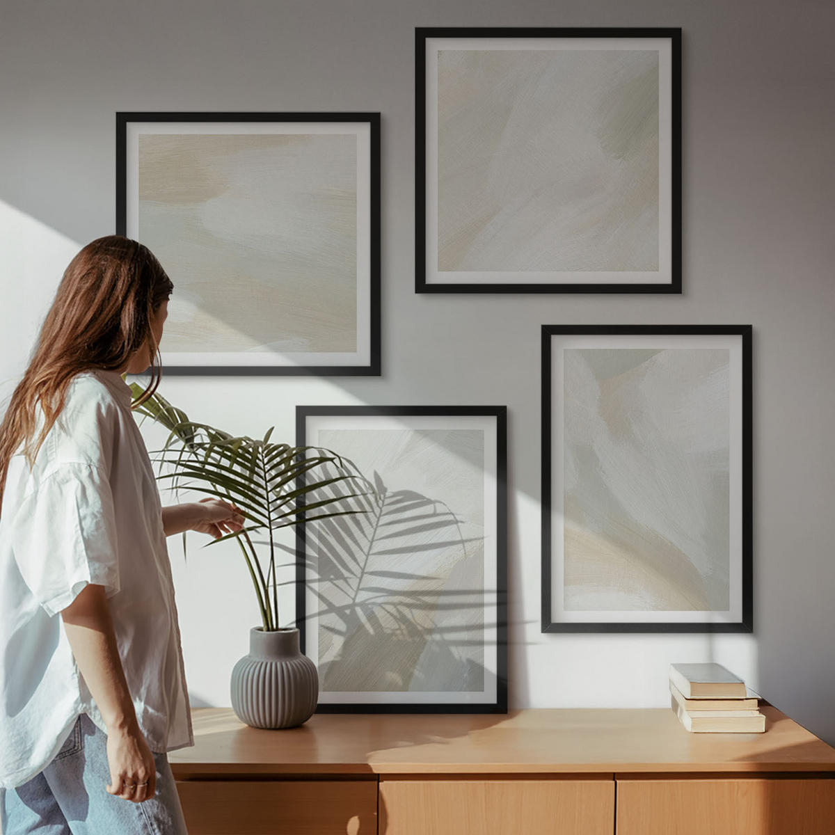 WANDBILDER 4er-Set - 50x50 cm & 40x60 cm Schwarzer Rahmen - Abstrakte Pinselmalerei auf Leinwand - Schwarz, Kunststoff (50/50cm) - ArtPrintCave