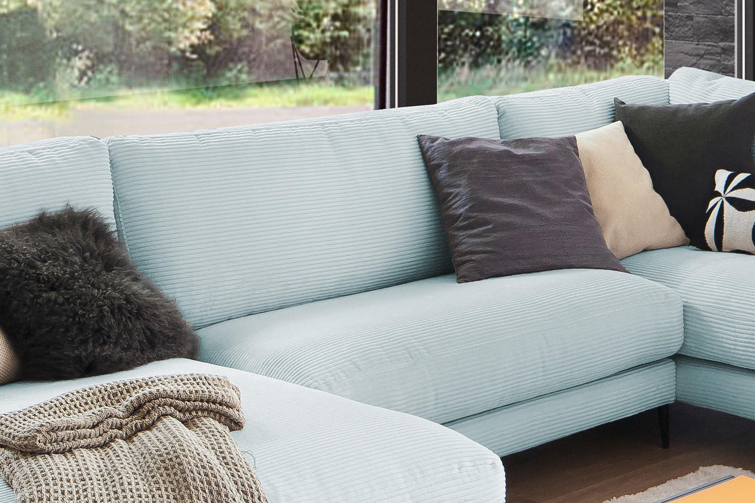 Thumbnail - Kawola Wohnlandschaft, Hellblau, Textil, Echtholz, 3-Sitzer, Füllung: Kaltschaum, U-Form, 341x84x223 cm, Wohnzimmer, Sof...