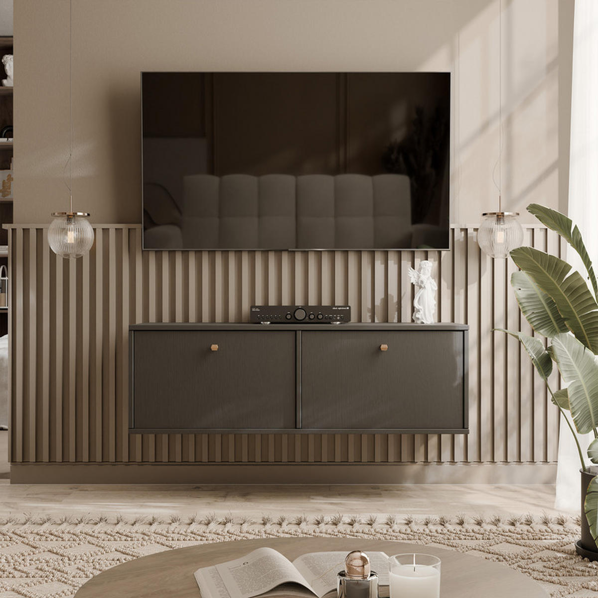 TV-LOWBOARD FLOW 121 cm, hängend, Schwarz - Schwarz, Holzwerkstoff/Metall (121/35/40.5cm) - Idohome