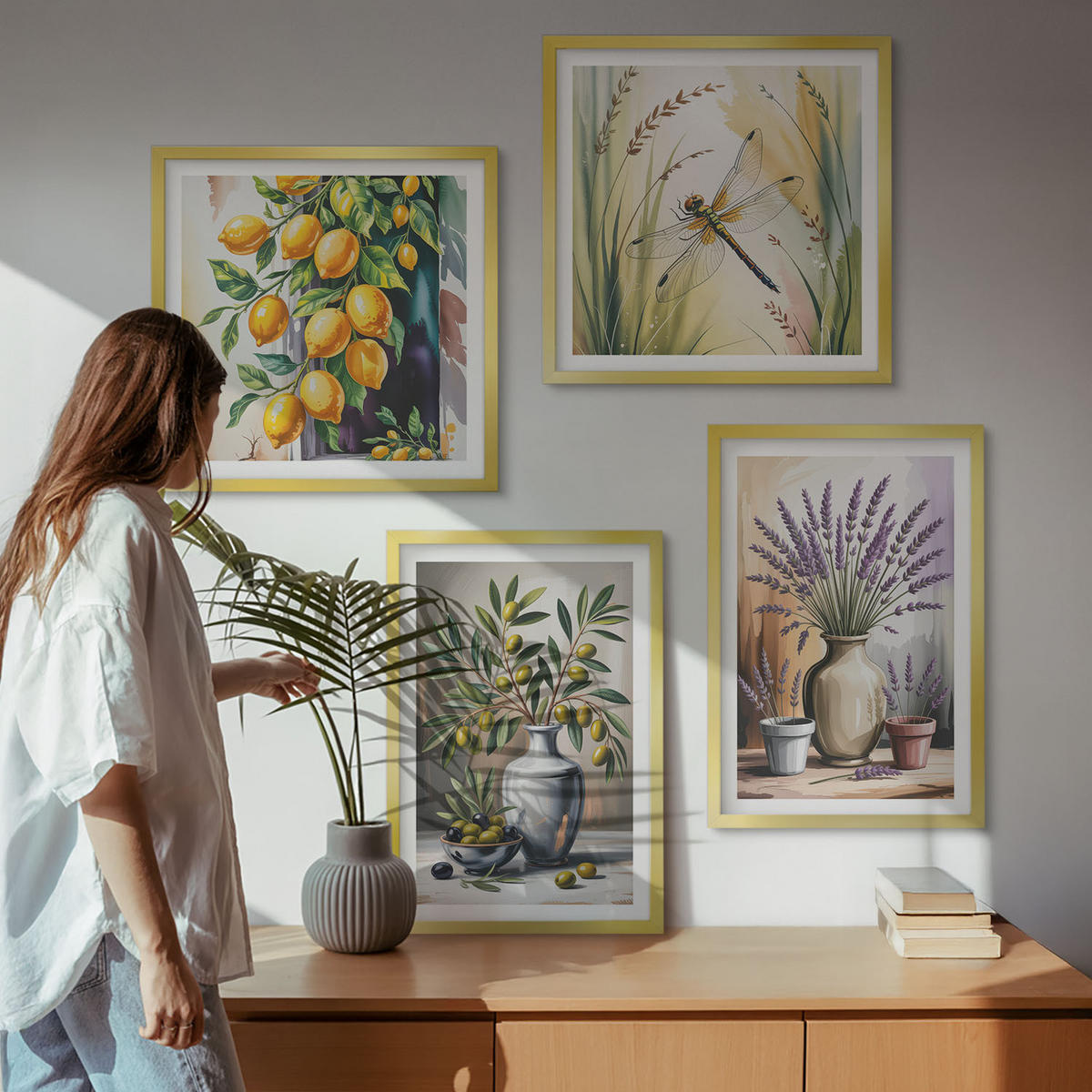 WANDBILDER 4er Set - 50x50 cm & 40x60 cm Goldrahmen - Olivenblüten in Vasen Natur - Goldfarben, Kunststoff (50/50cm) - ArtPrintCave